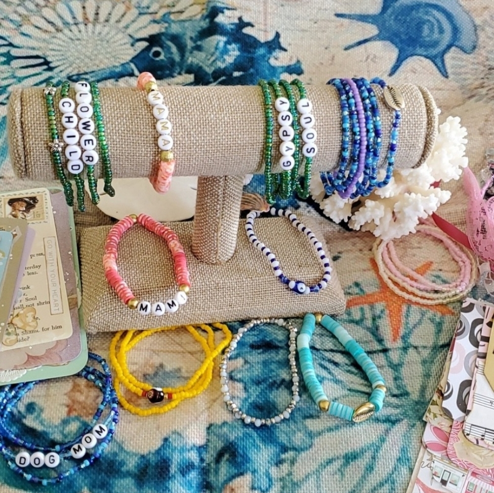 Seed Bead Stack Stretch Bracelets "Blue Line" - Picture 16 of 16